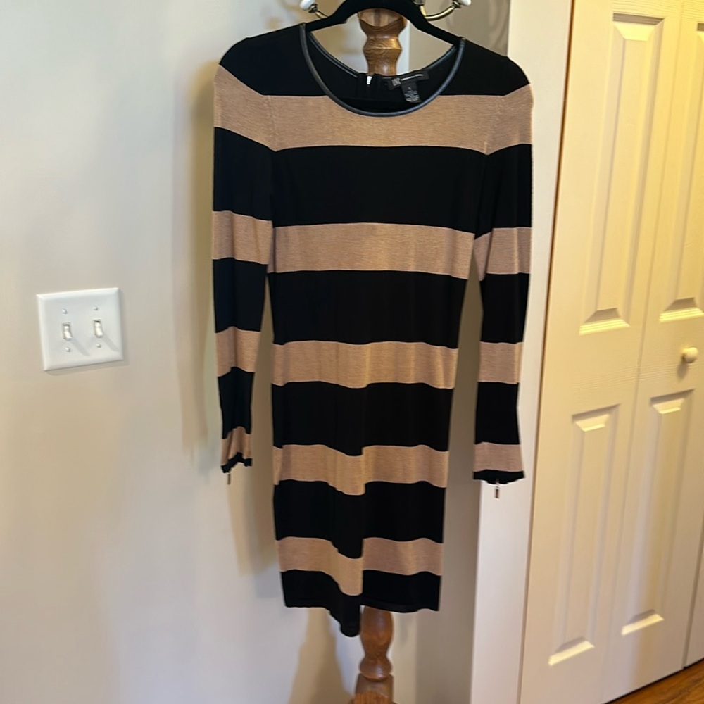 INC Tan and Black Stripe Sweater Dress